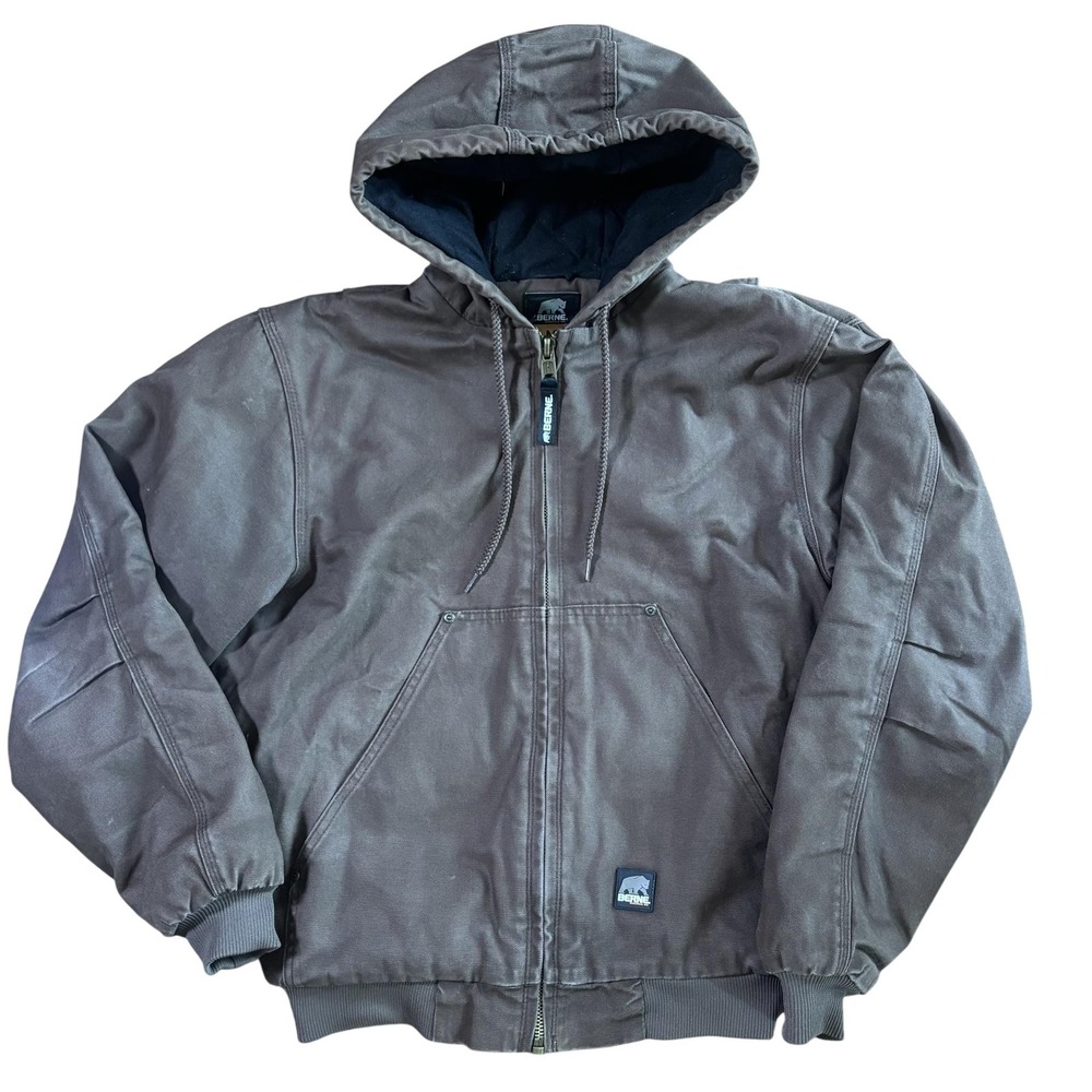 Berne Jacket Mens Medium Brown Hooded Canvas Bomber Full Zip Insulated Workwear